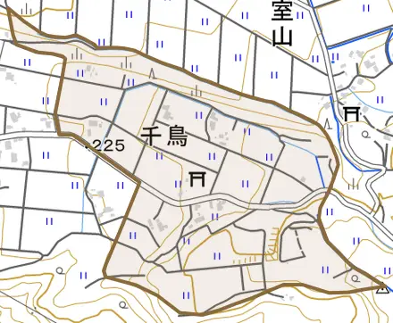 千鳥とその周辺の地図。町の範囲を重ねている