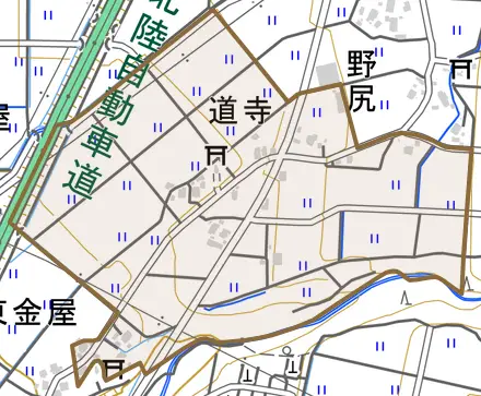 道寺とその周辺の地図。町の範囲を重ねている