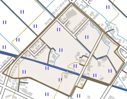 二ツ破とその周辺の地図。町の範囲を重ねている