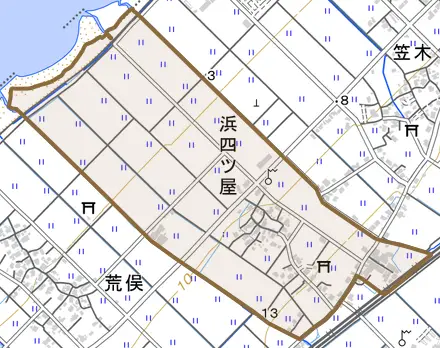 浜四ツ屋とその周辺の地図。町の範囲を重ねている
