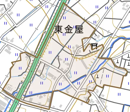 東金屋とその周辺の地図。町の範囲を重ねている
