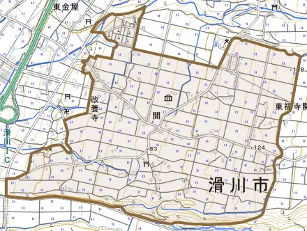 開とその周辺の地図。町の範囲を重ねている