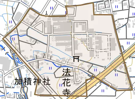 法花寺とその周辺の地図。町の範囲を重ねている