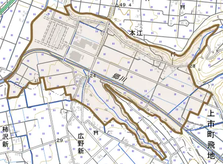 本江とその周辺の地図。町の範囲を重ねている