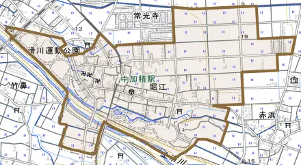 堀江とその周辺の地図。町の範囲を重ねている