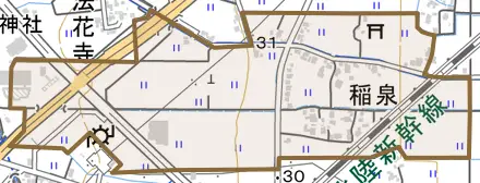 稲泉とその周辺の地図。町の範囲を重ねている