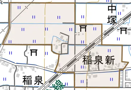 稲泉新とその周辺の地図。町の範囲を重ねている