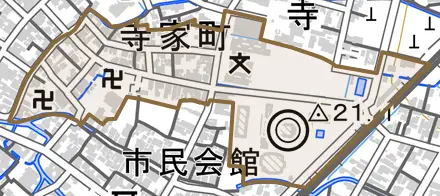 寺家町とその周辺の地図。町の範囲を重ねている