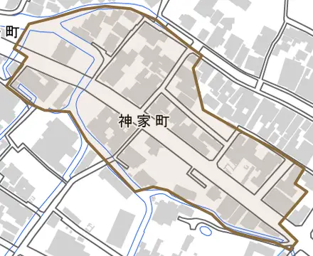 神家町とその周辺の地図。町の範囲を重ねている
