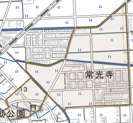 常光寺とその周辺の地図。町の範囲を重ねている