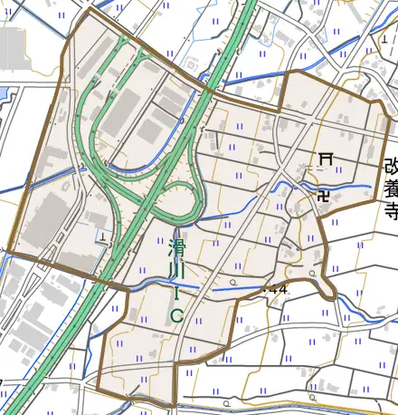 改養寺とその周辺の地図。町の範囲を重ねている