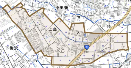 上島とその周辺の地図。町の範囲を重ねている