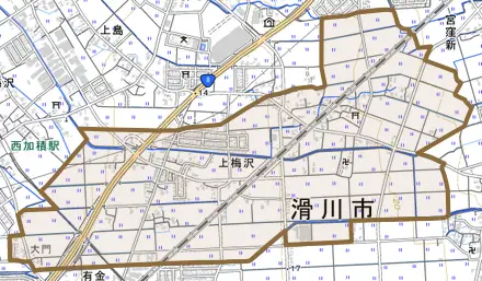 上梅沢とその周辺の地図。町の範囲を重ねている