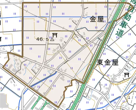 金屋とその周辺の地図。町の範囲を重ねている