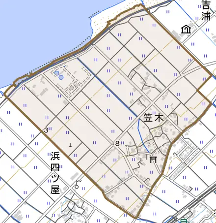 笠木とその周辺の地図。町の範囲を重ねている