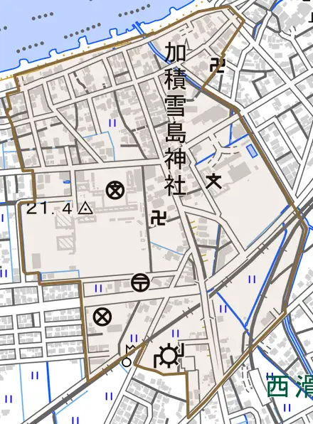 加島町とその周辺の地図。町の範囲を重ねている