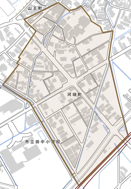 河端町とその周辺の地図。町の範囲を重ねている