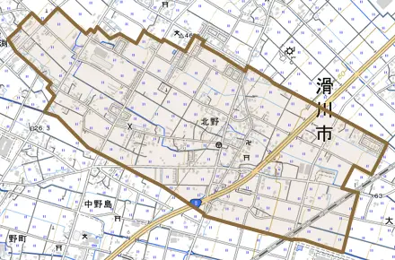 北野とその周辺の地図。町の範囲を重ねている