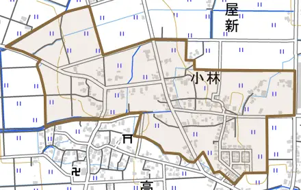 小林とその周辺の地図。町の範囲を重ねている