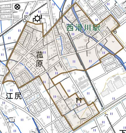 菰原とその周辺の地図。町の範囲を重ねている