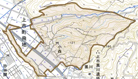 小森とその周辺の地図。町の範囲を重ねている
