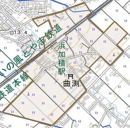 曲渕とその周辺の地図。町の範囲を重ねている