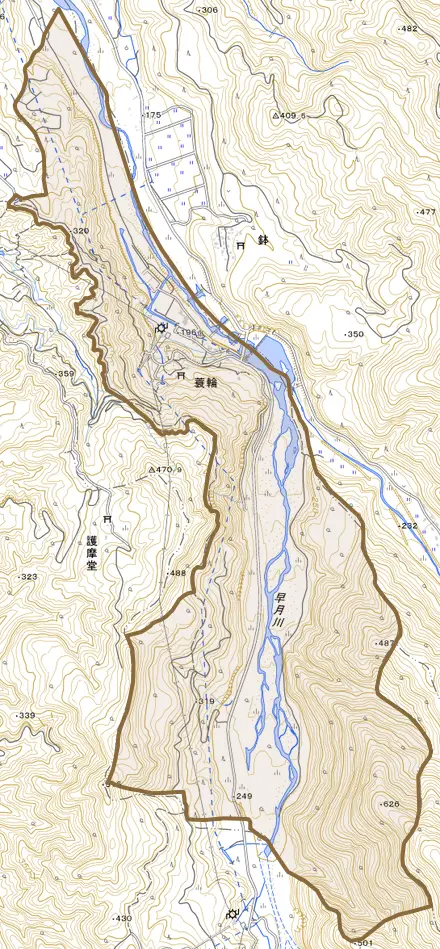 蓑輪とその周辺の地図。町の範囲を重ねている