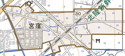 宮窪とその周辺の地図。町の範囲を重ねている