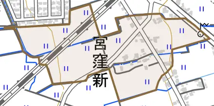 宮窪新とその周辺の地図。町の範囲を重ねている