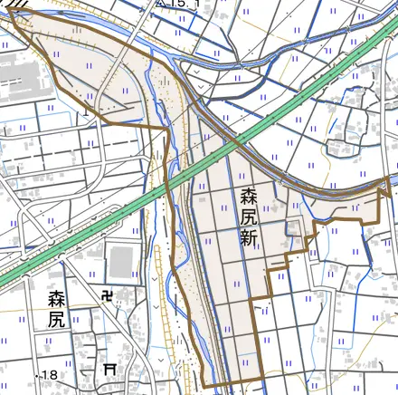 森尻新とその周辺の地図。町の範囲を重ねている