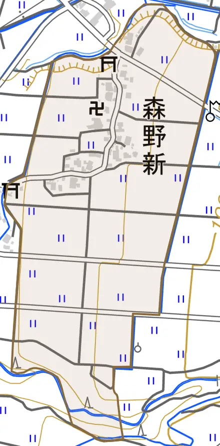 森野新とその周辺の地図。町の範囲を重ねている