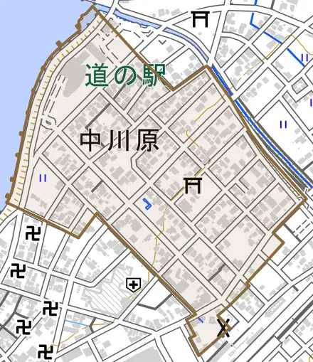中川原とその周辺の地図。町の範囲を重ねている