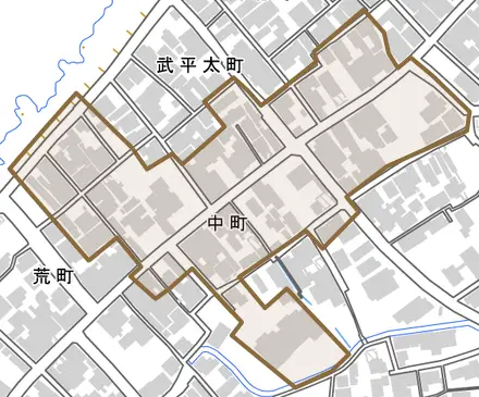 中町とその周辺の地図。町の範囲を重ねている