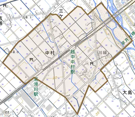 中村とその周辺の地図。町の範囲を重ねている