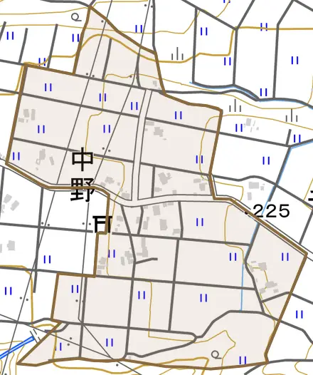 中野とその周辺の地図。町の範囲を重ねている