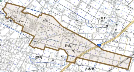 中野島とその周辺の地図。町の範囲を重ねている