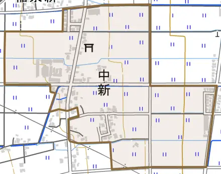 中新とその周辺の地図。町の範囲を重ねている