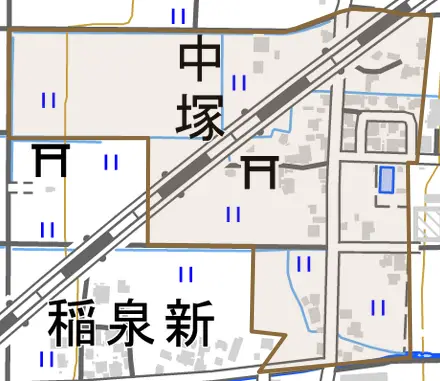 中塚とその周辺の地図。町の範囲を重ねている