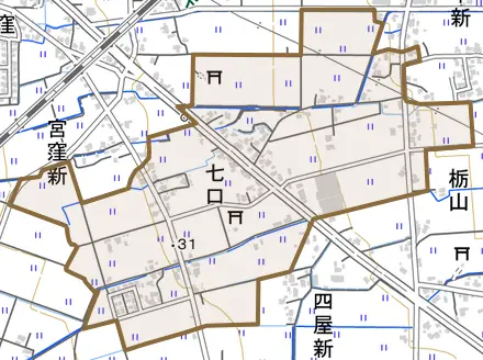七口とその周辺の地図。町の範囲を重ねている