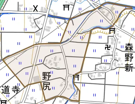 野尻とその周辺の地図。町の範囲を重ねている