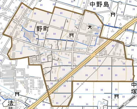 野町とその周辺の地図。町の範囲を重ねている