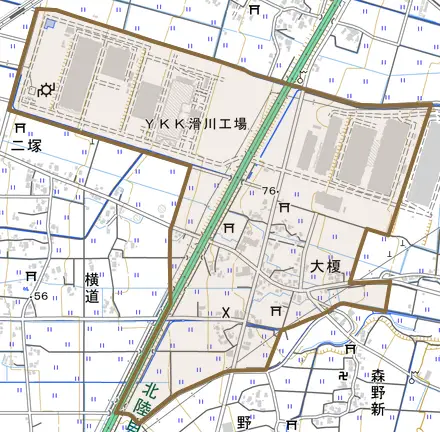 大榎とその周辺の地図。町の範囲を重ねている