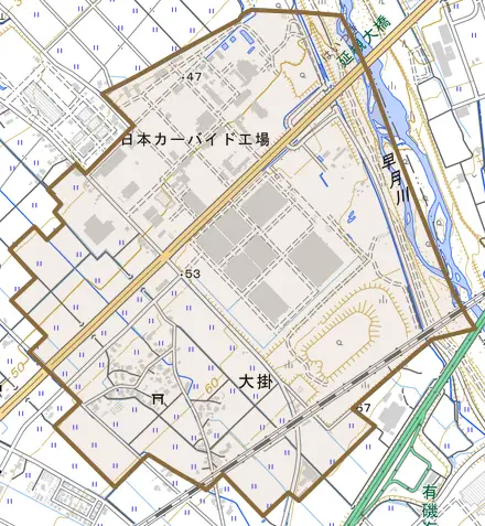 大掛とその周辺の地図。町の範囲を重ねている