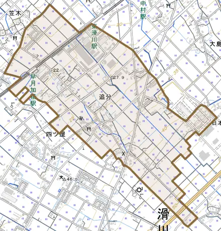 追分とその周辺の地図。町の範囲を重ねている