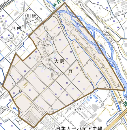 大島とその周辺の地図。町の範囲を重ねている