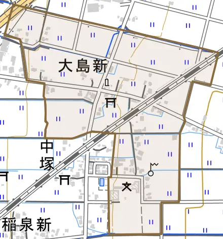 大島新とその周辺の地図。町の範囲を重ねている