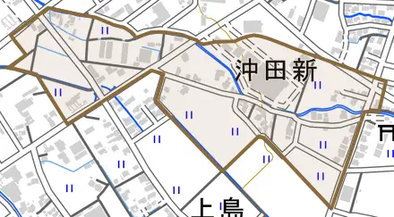 沖田新とその周辺の地図。町の範囲を重ねている