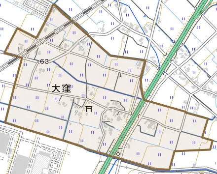 大窪とその周辺の地図。町の範囲を重ねている