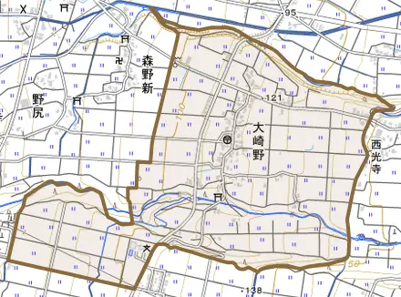 大崎野とその周辺の地図。町の範囲を重ねている