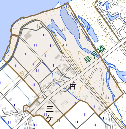 三ケとその周辺の地図。町の範囲を重ねている